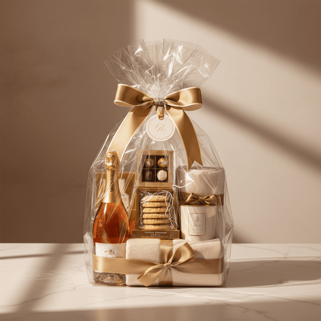 Finished premium gift basket with elegant wrapping, branded ribbon, and professional presentation
