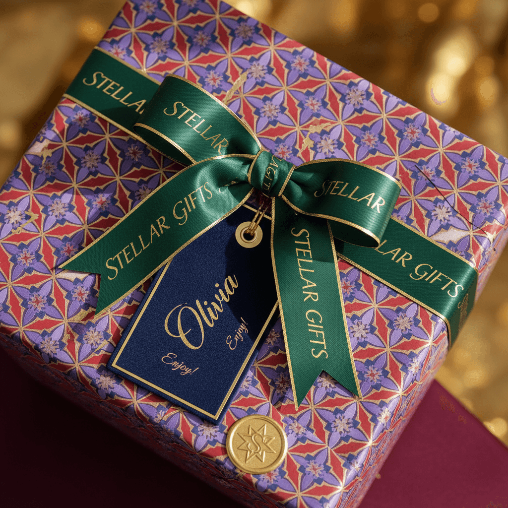 Close-up detail of custom branded elements and personalized gift tag on a corporate gift basket