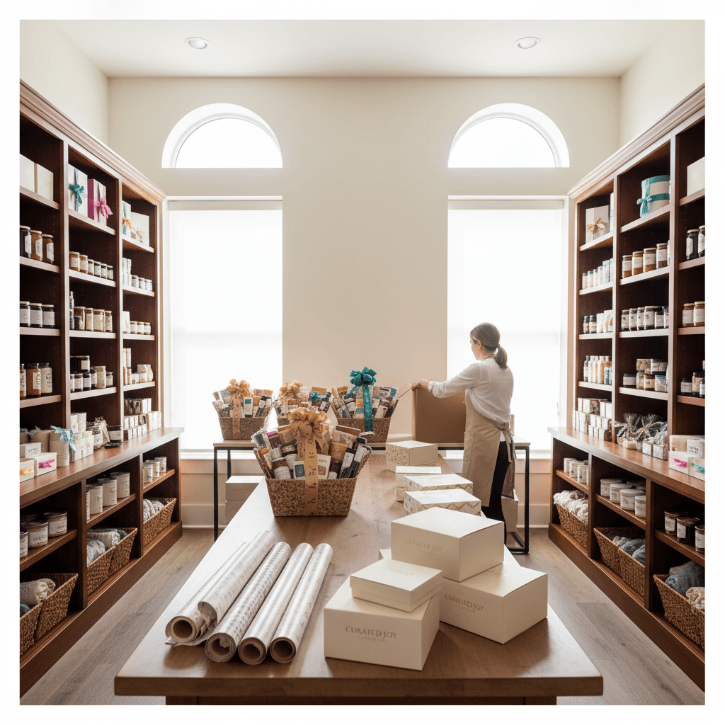 Professional gift basket preparation and fulfillment workspace in Toronto