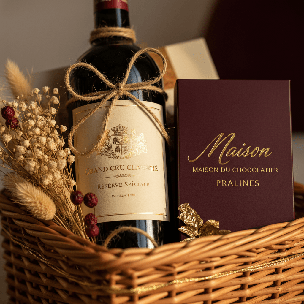 Detail shot of premium items in a luxury gift basket