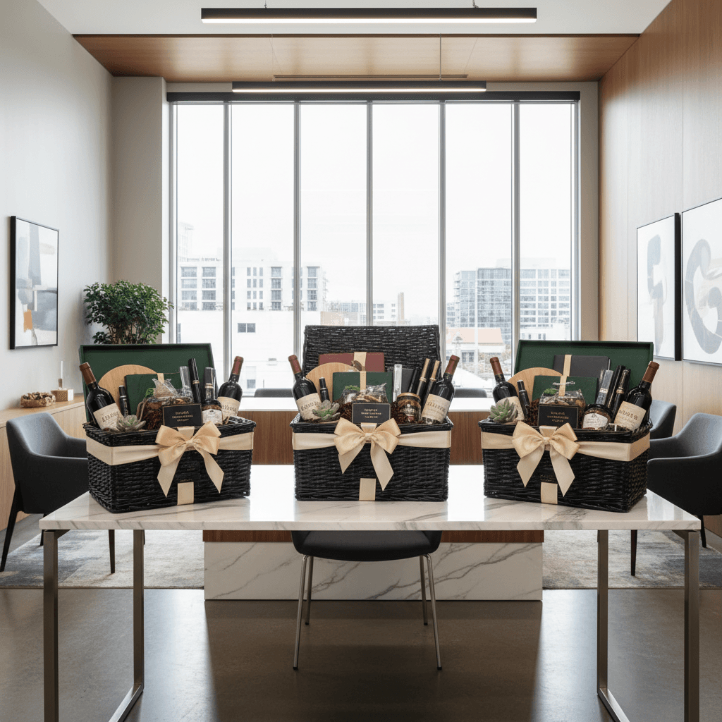 Corporate gift baskets displayed in professional office setting