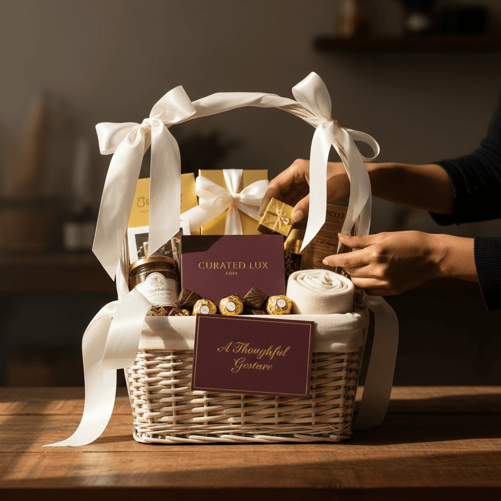 Tailored custom gift basket being thoughtfully arranged