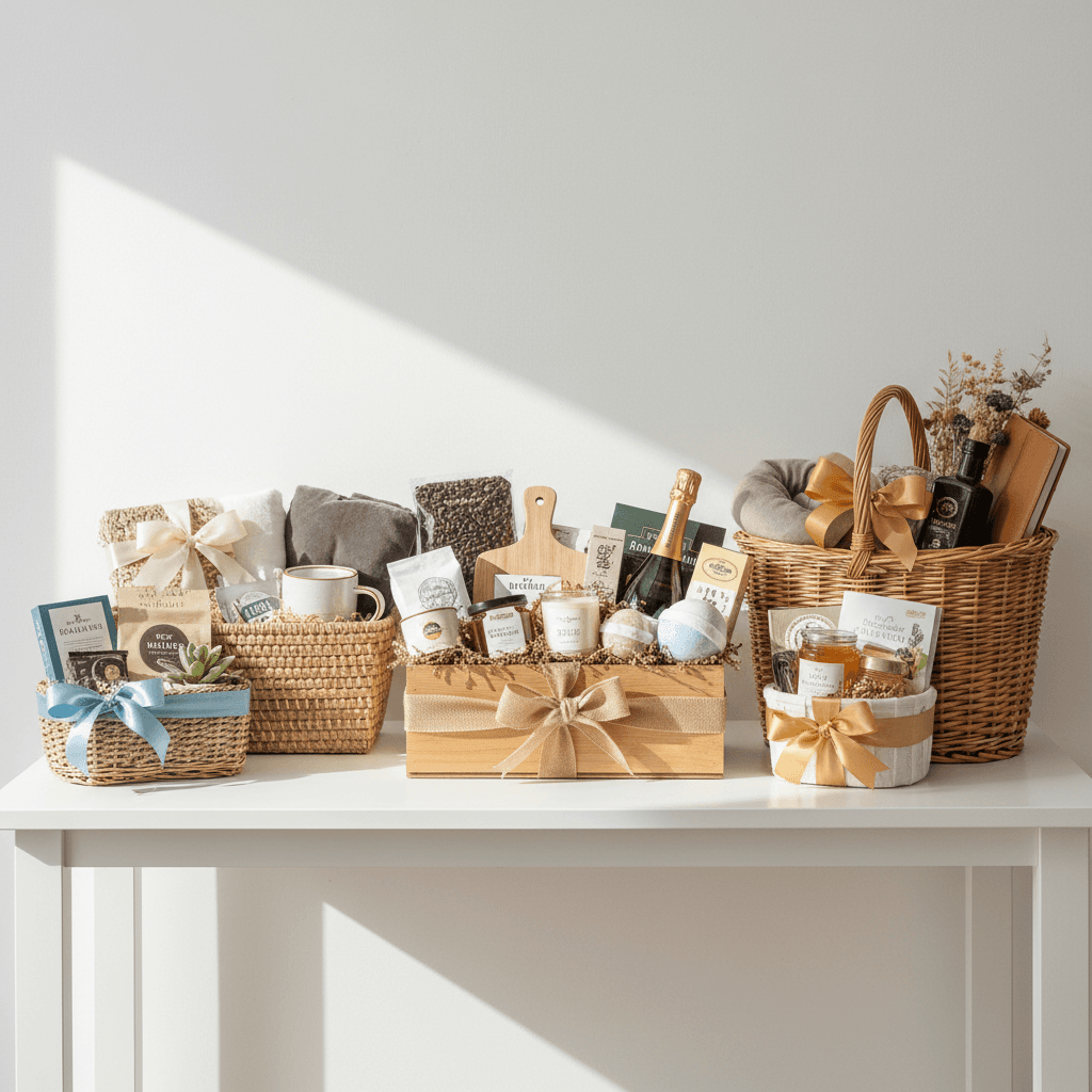 Multiple custom gift baskets of different sizes and price points arranged to show variety