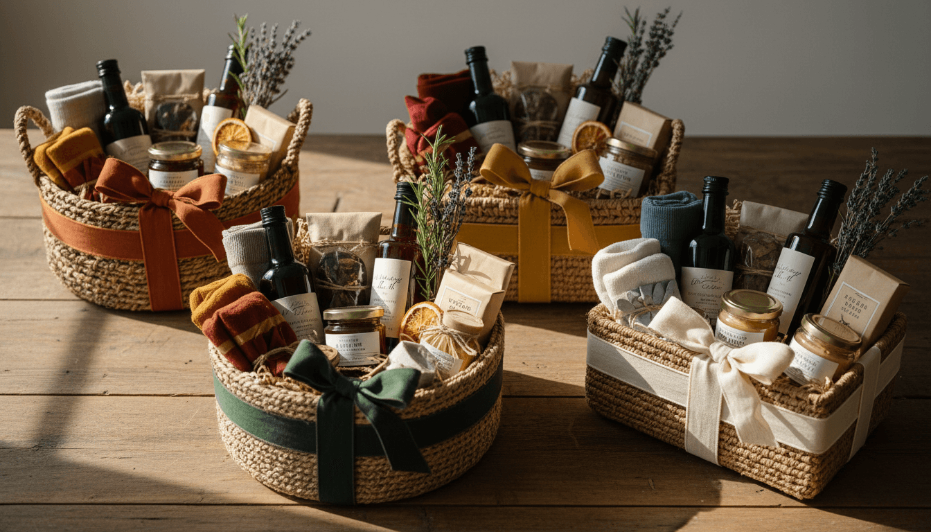 Overhead view of carefully curated custom gift baskets with premium products and seasonal items arranged on natural wood