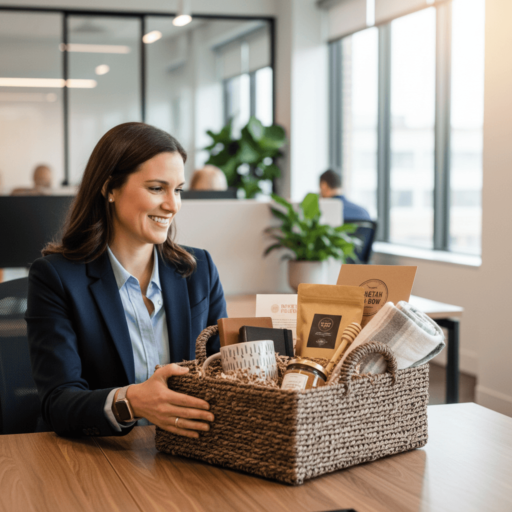 Corporate client receiving a custom gift basket