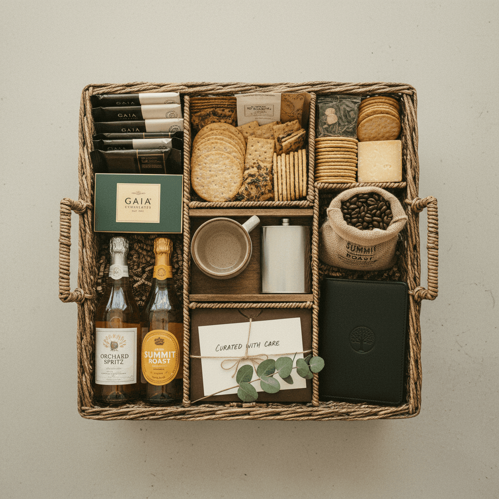 Overhead view of corporate gift basket contents