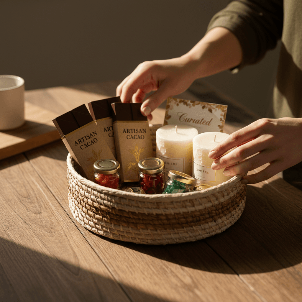 Hand arranging premium items into a custom gift basket