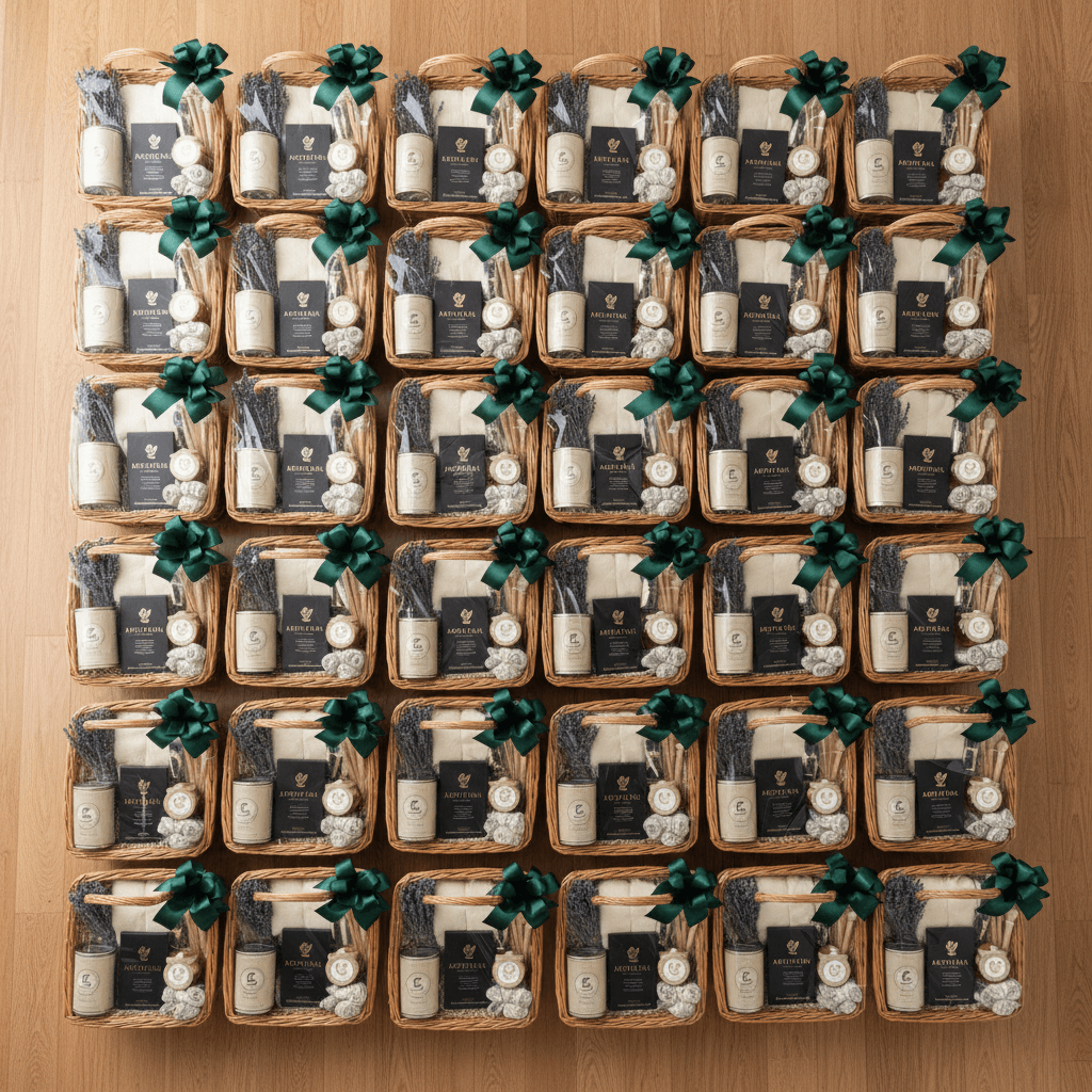 Multiple gift baskets prepared for bulk corporate order