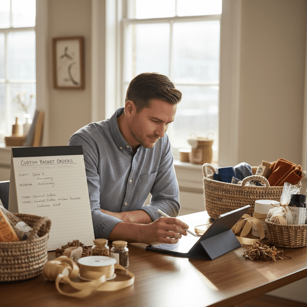 Business owner working on custom order planning and basket preparation