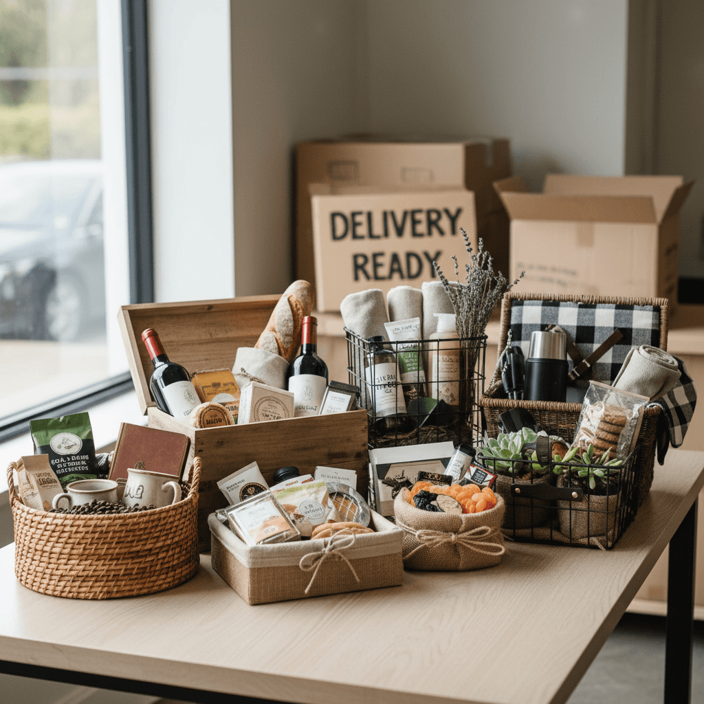 Multiple finished custom gift baskets prepared for corporate delivery