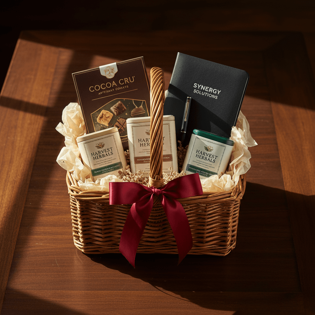 Overhead view of a custom curated gift basket with premium products arranged for corporate gifting