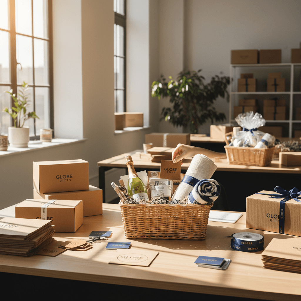 Gift basket being carefully assembled and branded for corporate client