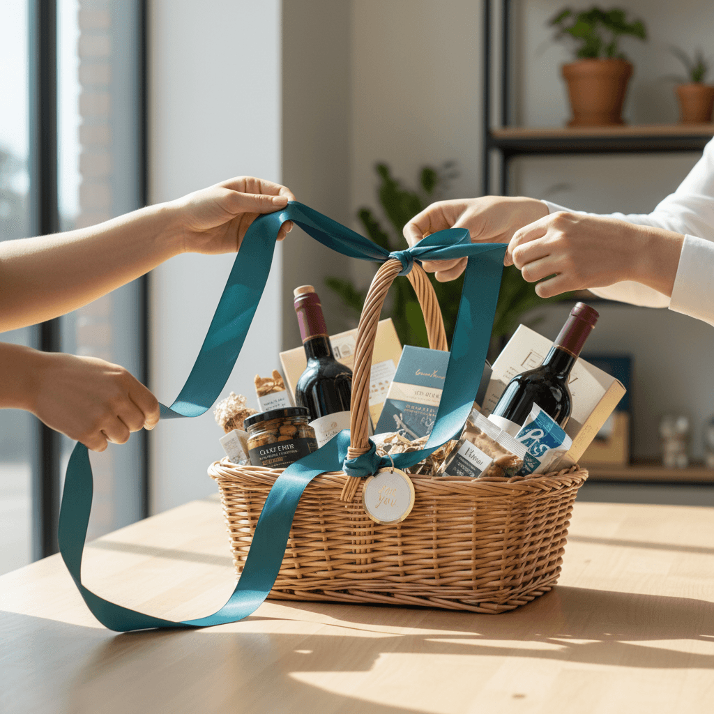 Hands finishing a custom gift basket with silk ribbon
