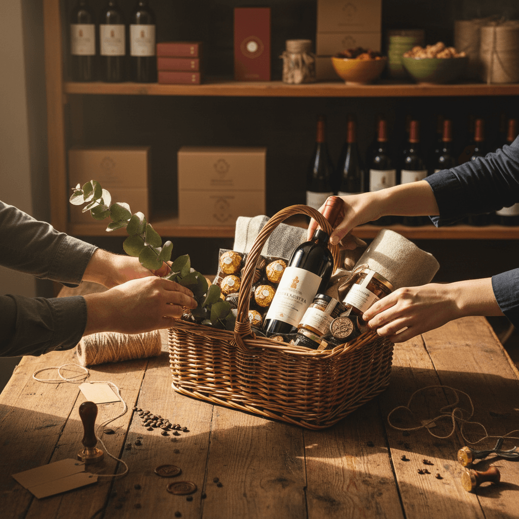 Custom gift basket being arranged with premium products