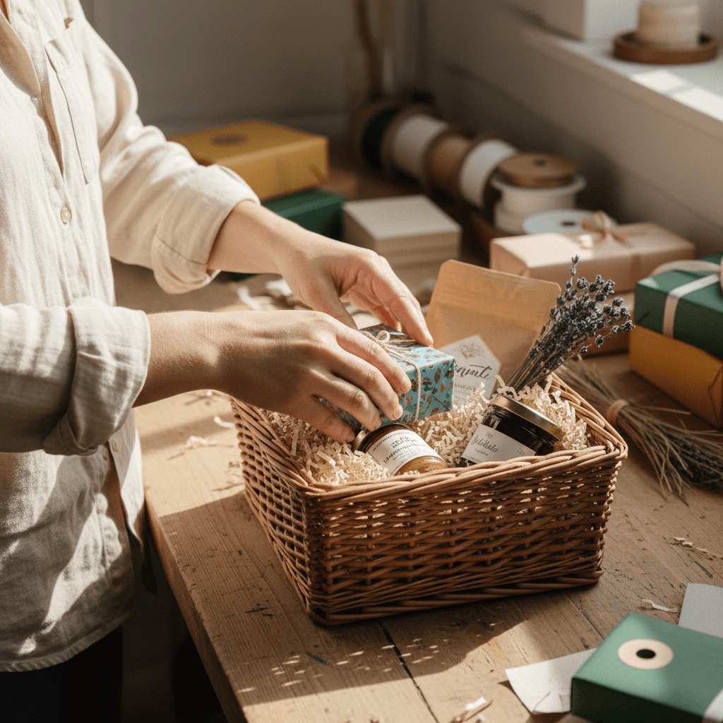 Hands actively assembling and arranging items in a custom gift basket