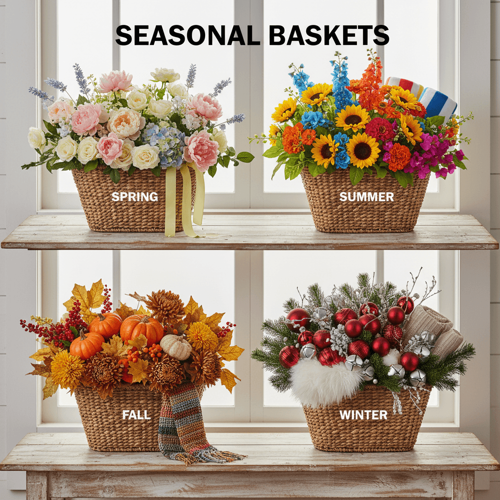 Collection of seasonal and holiday-themed gift baskets in various color palettes and styles