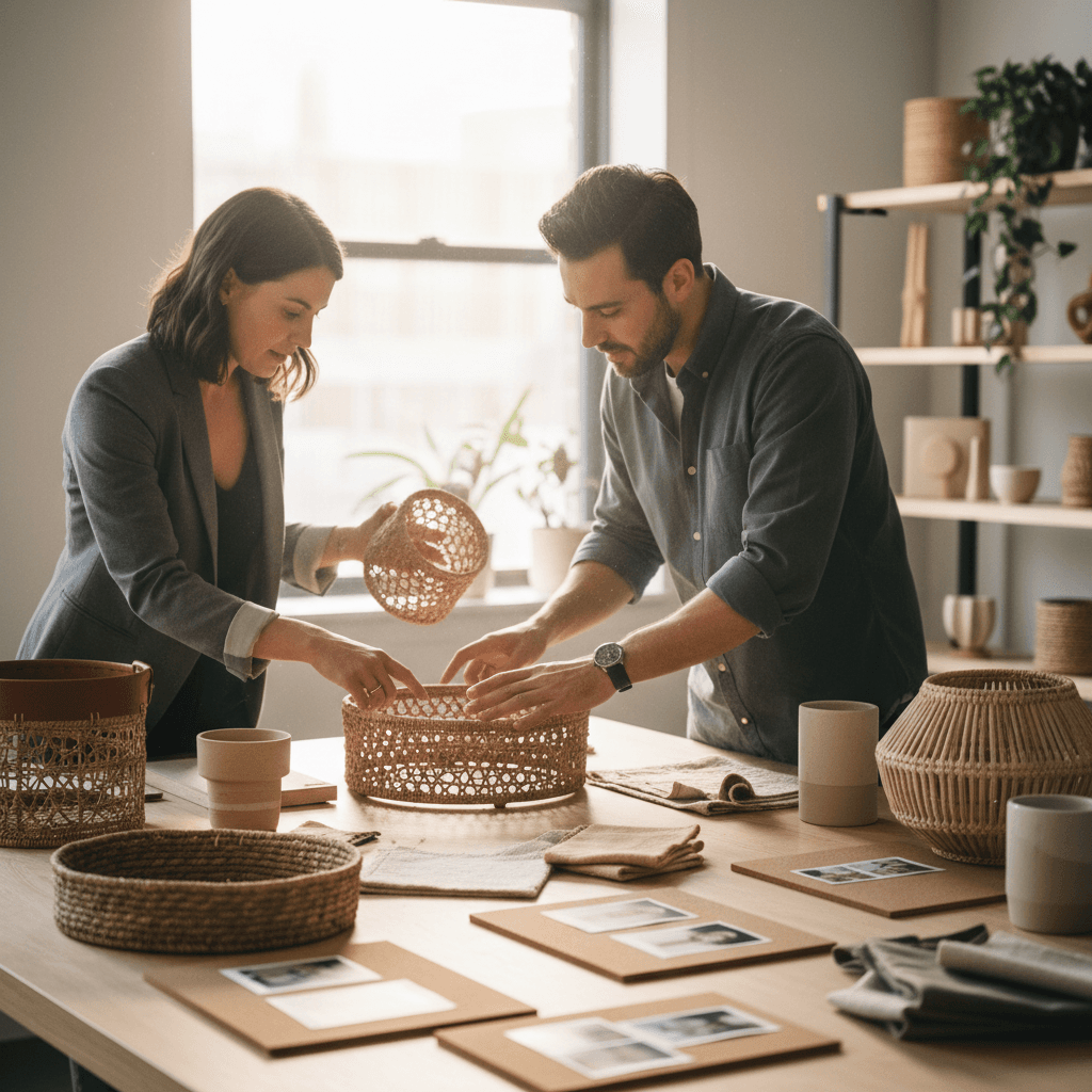 Consultation scene with business professional and designer reviewing custom basket designs and product samples together