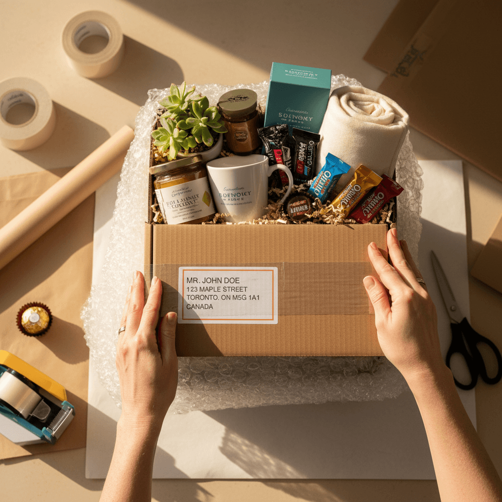 Ready-to-ship custom gift basket with delivery label