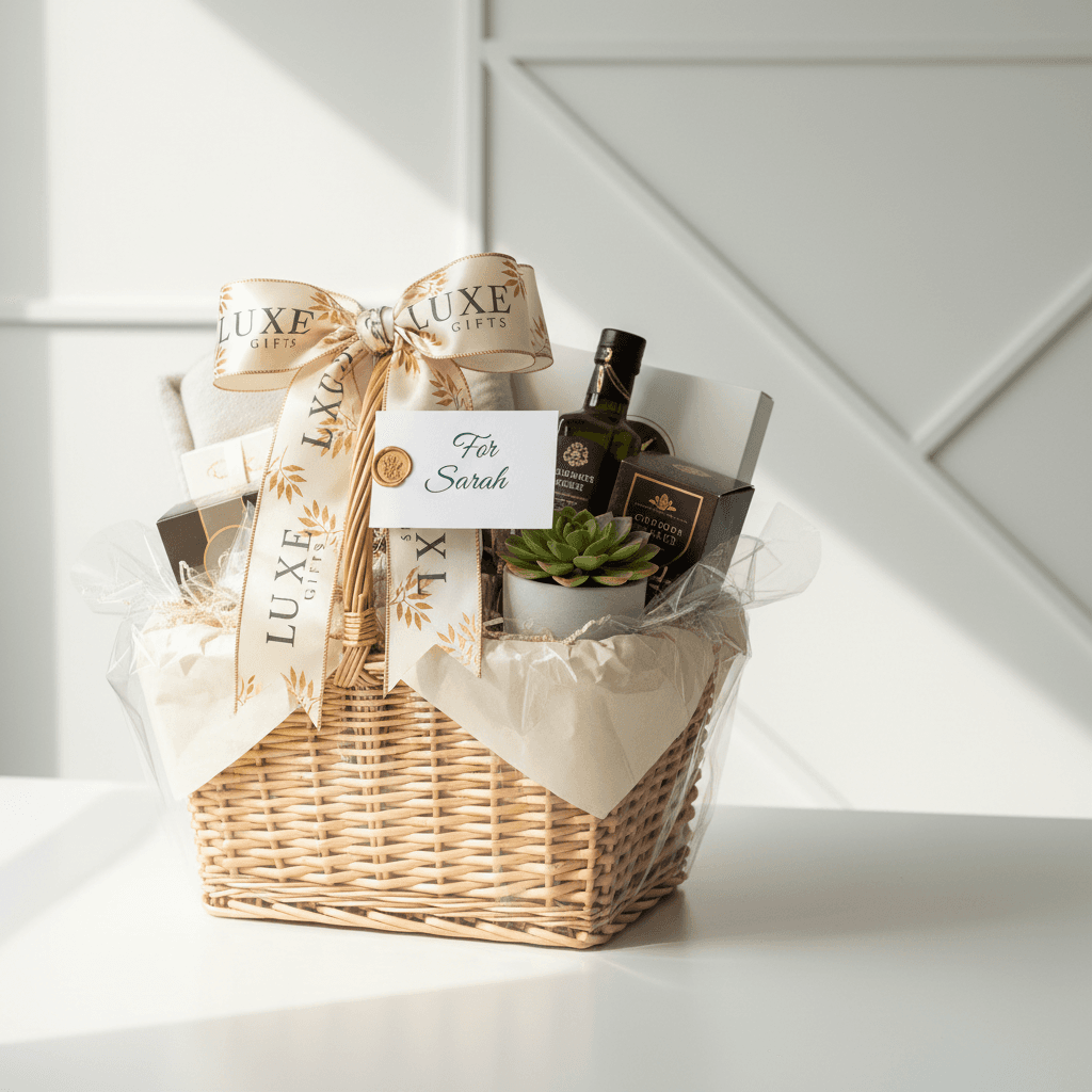 Branded gift basket with custom ribbon and logo