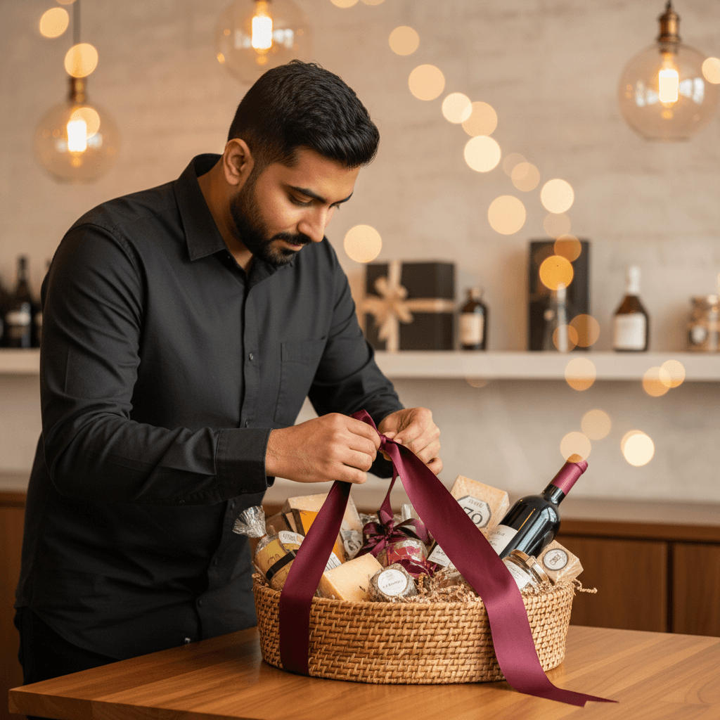 Michael personally crafting a custom gift basket with attention to detail