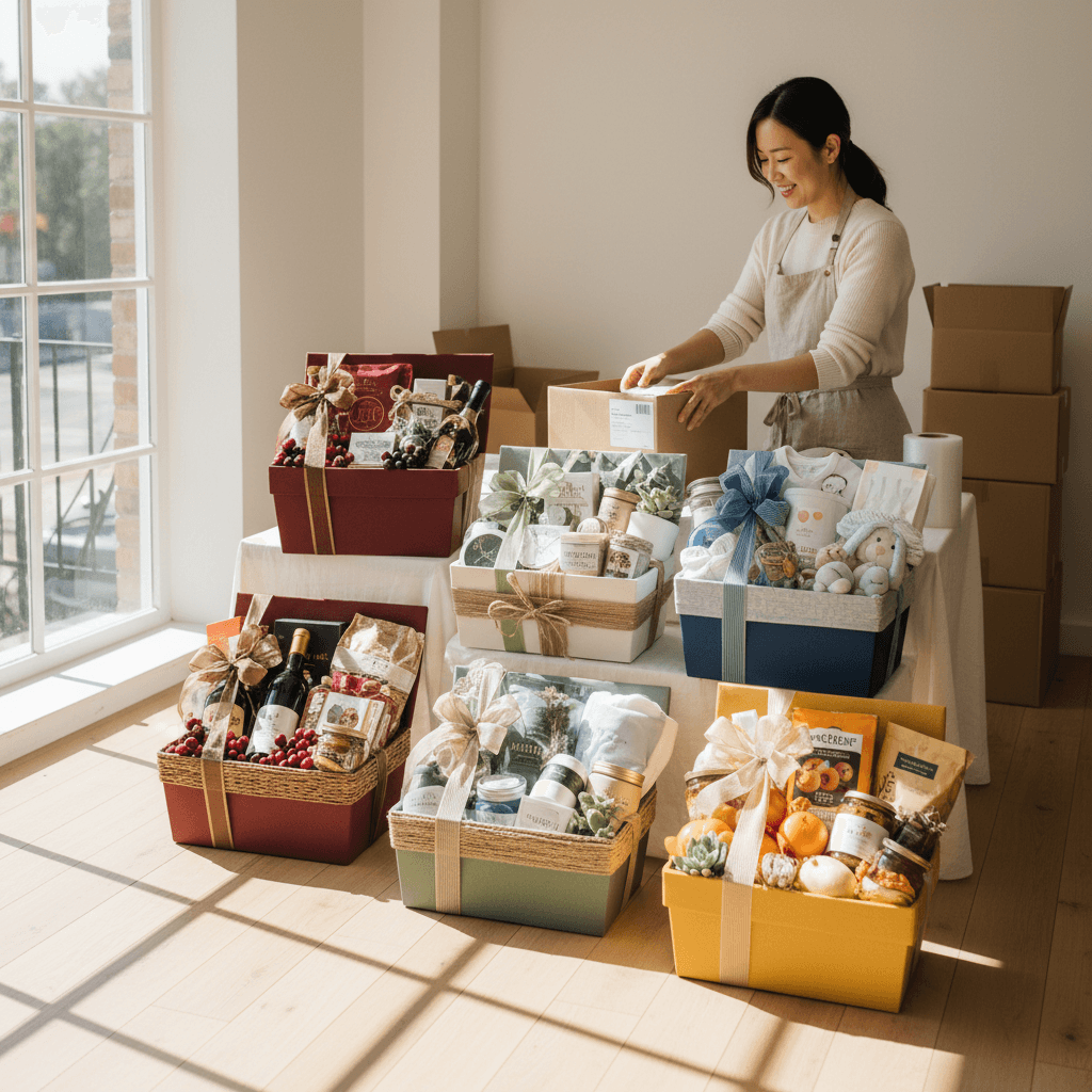 Multiple seasonal gift baskets ready for corporate gifting