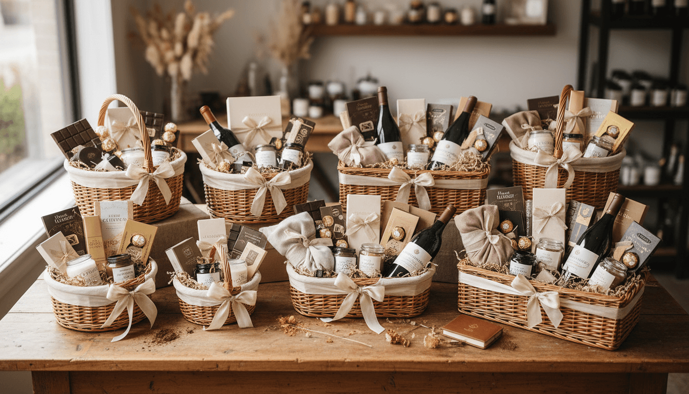 Overhead view of luxury custom gift baskets arranged on wood surface with premium curated products
