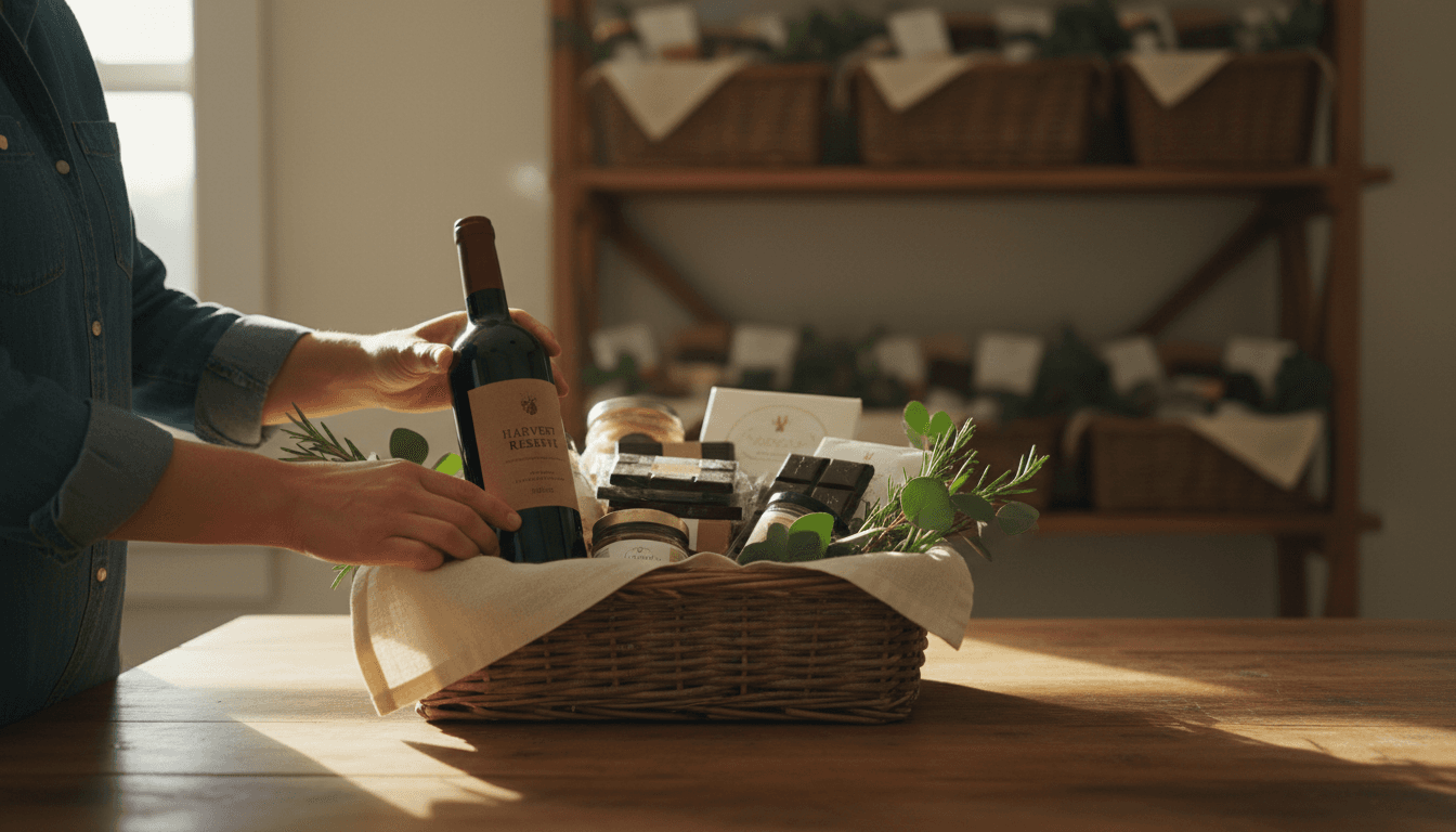 Founder Michael Jawanda carefully arranging curated items in a premium gift basket at his Toronto workspace