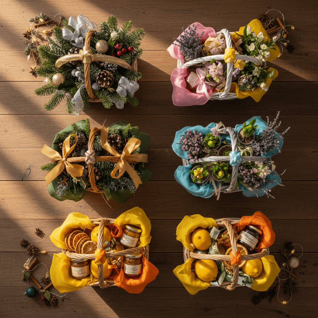 Collection of seasonal gift baskets for different holidays