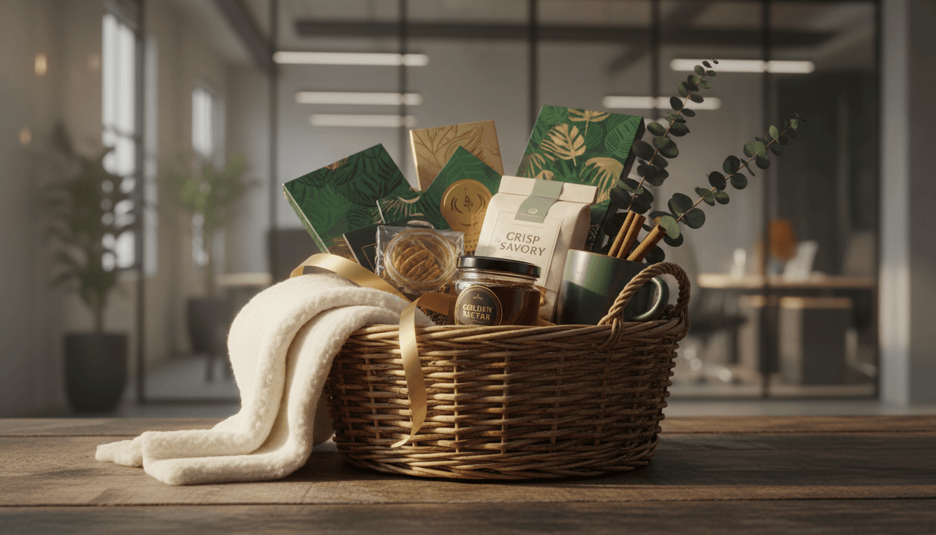 Luxury custom gift basket with premium curated items and natural textures, carefully arranged for corporate gifting