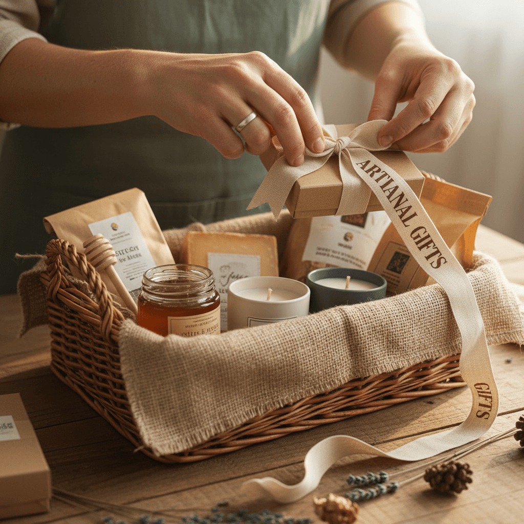 Hands arranging premium products in a custom gift basket with natural materials and warm lighting