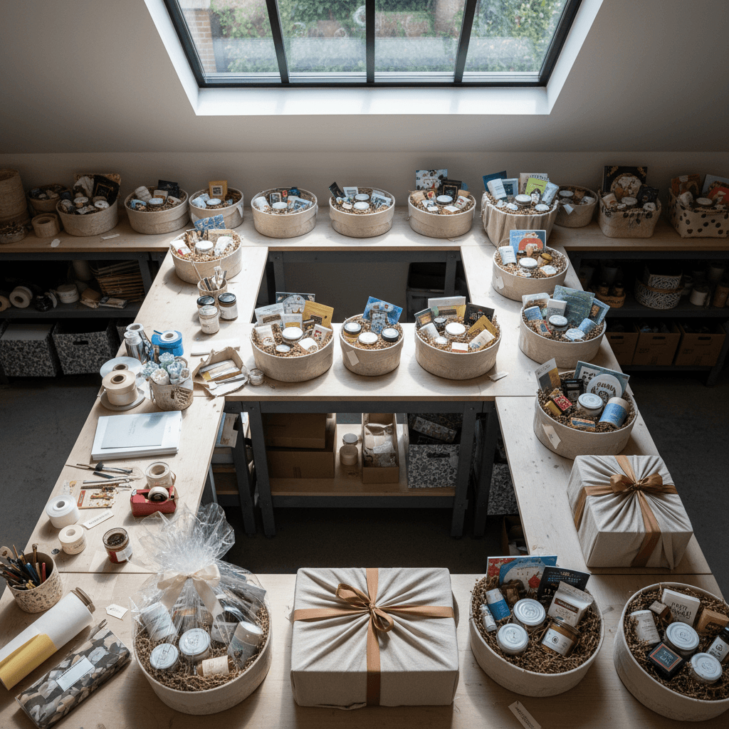 Production workflow showing multiple custom gift baskets being prepared and assembled